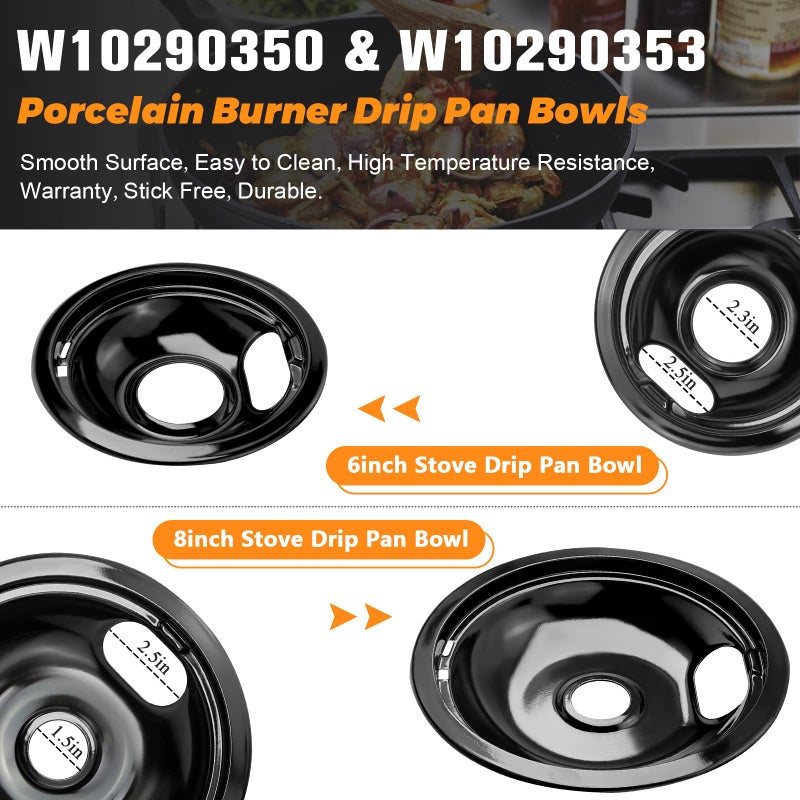 Blutoget W10290350 W10290353 Porcelain Burner Drip Pan Bowls by Blutoget - Fit for Whirlpool Electric Range Stove Pans- 2 Pack 8-Inch and 2 Pack 6-Inch Pans(Black Porcelain),W10288051 Electric Stove Drip Pans - Image 2