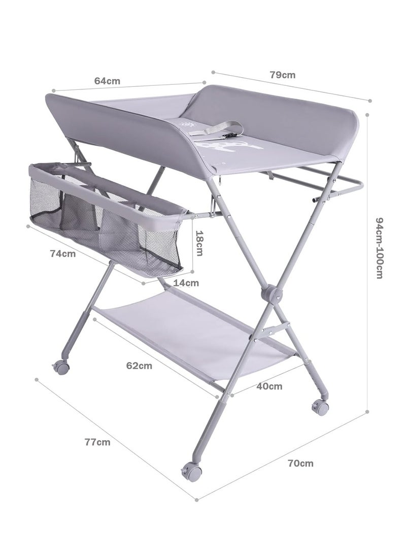 نادراب طاولة تغيير حفاضات للأطفال بعجلات، طاولات تغيير حفاضات قابلة للطي، محطة رعاية الأطفال القابلة للت adjustment بارتفاع 5 مستويات مع رف تخزين، طاولات تدليك للمواليد مع منظم حفاضات (رمادي) - Image 4