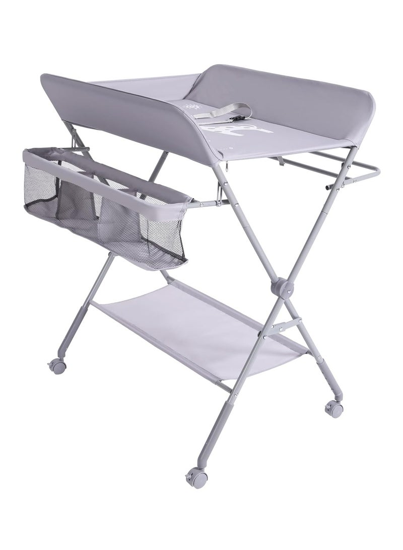نادراب طاولة تغيير حفاضات للأطفال بعجلات، طاولات تغيير حفاضات قابلة للطي، محطة رعاية الأطفال القابلة للت adjustment بارتفاع 5 مستويات مع رف تخزين، طاولات تدليك للمواليد مع منظم حفاضات (رمادي) - Image 1