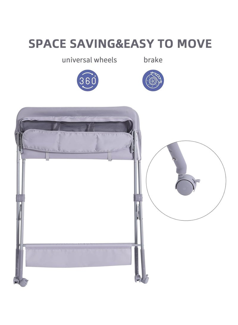 نادراب طاولة تغيير حفاضات للأطفال بعجلات، طاولات تغيير حفاضات قابلة للطي، محطة رعاية الأطفال القابلة للت adjustment بارتفاع 5 مستويات مع رف تخزين، طاولات تدليك للمواليد مع منظم حفاضات (رمادي) - Image 2