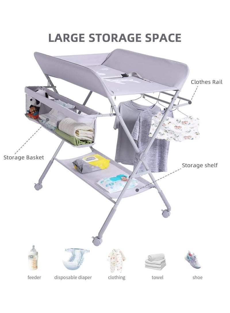 نادراب طاولة تغيير حفاضات للأطفال بعجلات، طاولات تغيير حفاضات قابلة للطي، محطة رعاية الأطفال القابلة للت adjustment بارتفاع 5 مستويات مع رف تخزين، طاولات تدليك للمواليد مع منظم حفاضات (رمادي) - Image 3