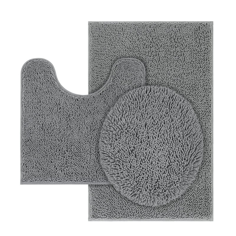 TREETONE Machine Washable Water Absorbent Bath Mat Bathroom Rugs Non Slip Soft Microfiber Mat Set of 3Medium 20 x 32ContourLid Cover Gray