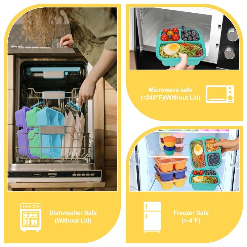 TOUWMX Bento Box For Kids, 4 Pack 3 Compartments Lunchable Meal Prep Containers Lunch Containers, Reusable Snack Containers with Lids, Snack Boxes for School, Work, and Travel - Image 5