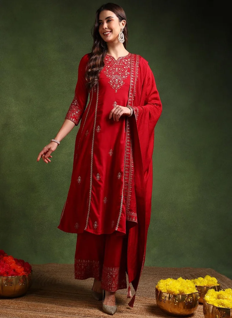 ZERESOUQ Red Silk Blend Solid Embroidered A-Line Kurta Palazzo With Dupatta