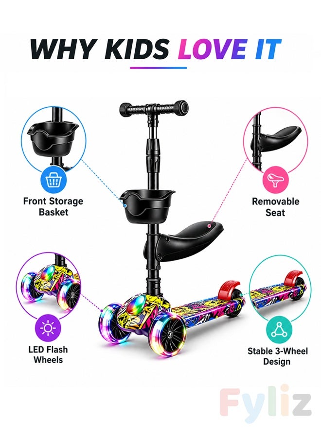 Fyliz Kids Kick Scooters 3-in-1 Kids Scooter with Seat, Folding Adjustable Height Flash Wheel Scooter for Kids 2–12 Years - Image 3