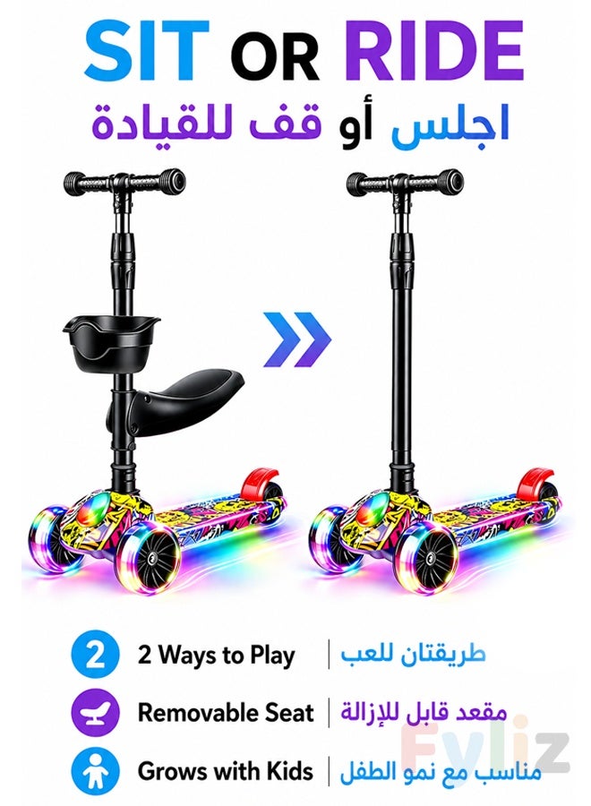 Fyliz Kids Kick Scooters 3-in-1 Kids Scooter with Seat, Folding Adjustable Height Flash Wheel Scooter for Kids 2–12 Years - Image 2