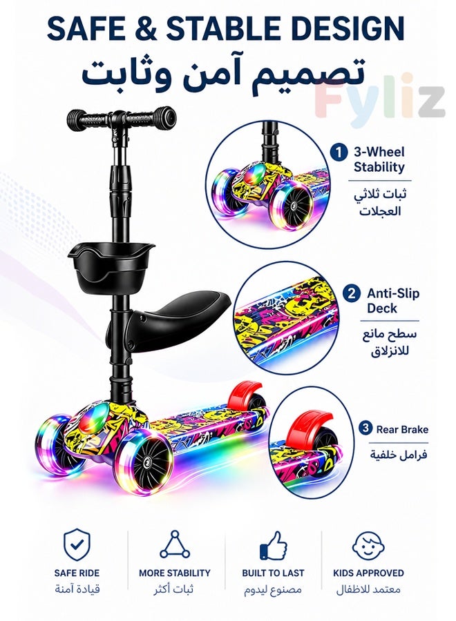 Fyliz Kids Kick Scooters 3-in-1 Kids Scooter with Seat, Folding Adjustable Height Flash Wheel Scooter for Kids 2–12 Years - Image 4