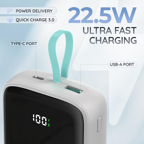 Pebble Rapid Electra20 22.5W Ultra Fast Charging Power Bank | 20000mAh | QC & PD | Inbuilt Cable | Digital Display | Type-C & USB-A Ports | Multi-Device Charging | Advanced Protection - Grey - Image 3