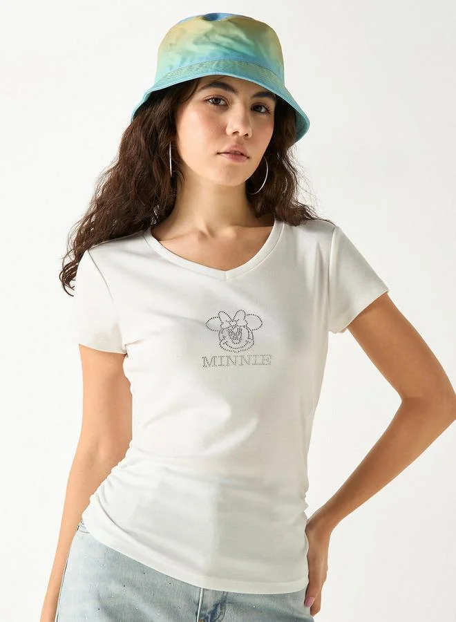 اس بي كاركترز تيشيرت ميني ماوس مزين بياقة على شكل  وأكمام قصيرة