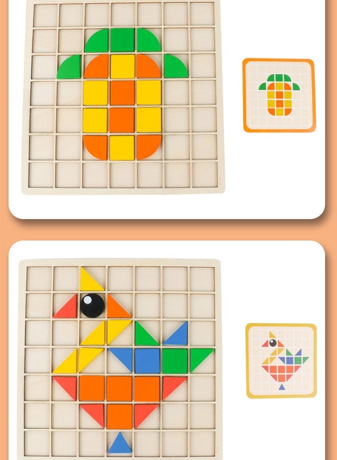 Mosaic 3D Blocks Puzzle, Wooden Pattern Blocks with Reference Cards, Children's Tabletop Game, Classic Early Educational Geometric Shape Puzzle Toys for Kids Ages 3+ - Image 3