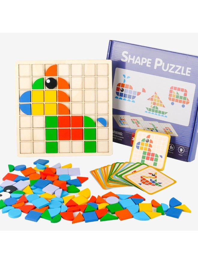 Mosaic 3D Blocks Puzzle, Wooden Pattern Blocks with Reference Cards, Children's Tabletop Game, Classic Early Educational Geometric Shape Puzzle Toys for Kids Ages 3+ - Image 1