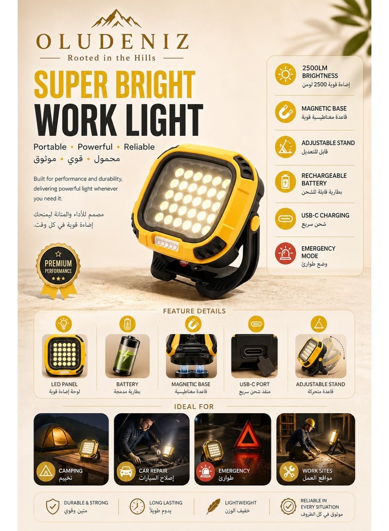 OLUDENIZ Super Bright 2500LM Portable COB LED Work Light, Magnetic Base, USB Type-C Rechargeable, Red Emergency Light, 5400mAh Battery - Image 1