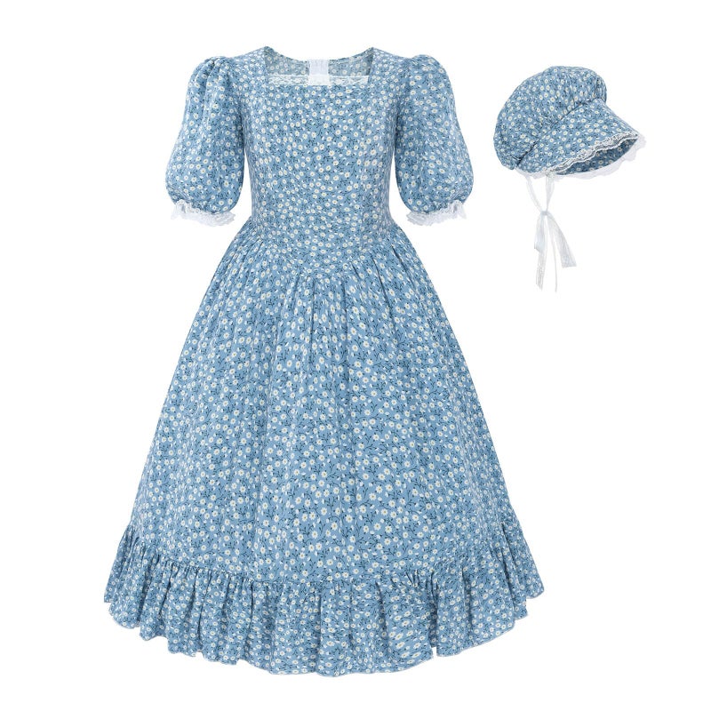 Nuoqi Pioneer Dresses for Girls Prairie Girl Dress Colonial Girl Costume 4-5, Blue - Image 4
