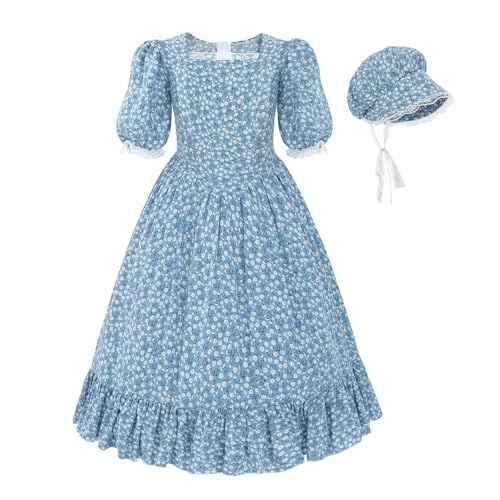 Nuoqi Pioneer Dresses for Girls Prairie Girl Dress Colonial Girl Costume 4-5, Blue - Image 1