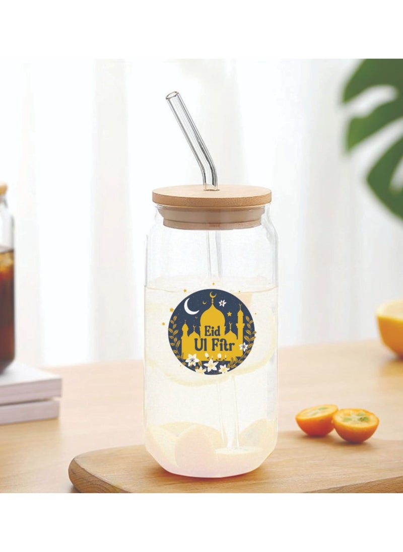 PRINTSHOP4ME Eid Mubarak Reusable Glass Bottle with Straw and Bamboo Lid - Eid Gift for all Islamic - Celebrate Eid Mubarak with this Eco-Friendly Glass Bottle  - Image 3