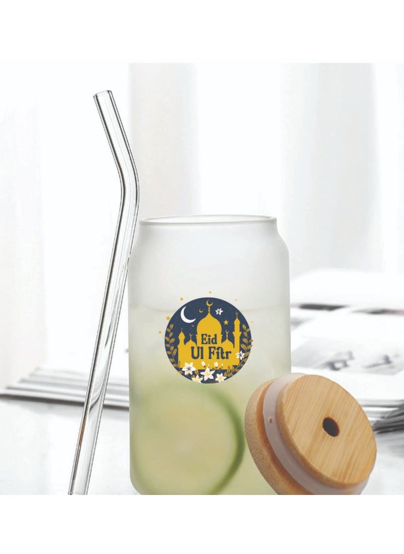 PRINTSHOP4ME Eid Mubarak Reusable Glass Bottle with Straw and Bamboo Lid - Eid Gift for all Islamic - Celebrate Eid Mubarak with this Eco-Friendly Glass Bottle  - Image 4