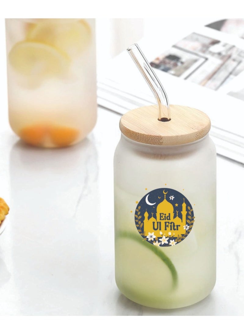 PRINTSHOP4ME Eid Mubarak Reusable Glass Bottle with Straw and Bamboo Lid - Eid Gift for all Islamic - Celebrate Eid Mubarak with this Eco-Friendly Glass Bottle  - Image 2
