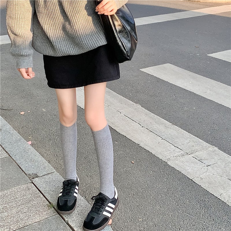 Wool Socks Women'S Vertical All-Match Cashmere Solid Color Knee-High Pile Socks Japanese Maillard Color Cauff Socks - Image 3
