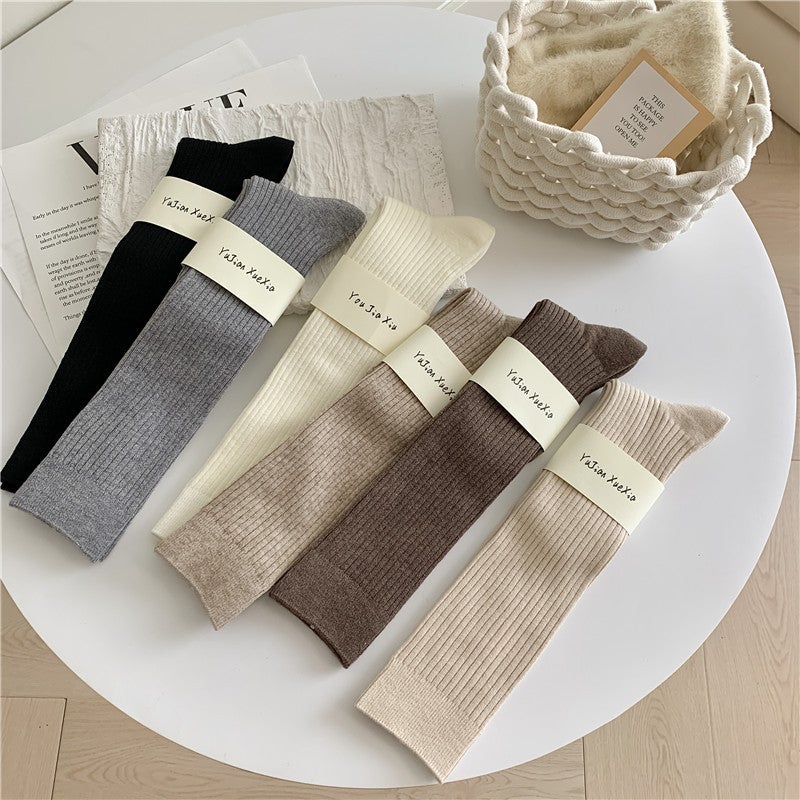 Wool Socks Women'S Vertical All-Match Cashmere Solid Color Knee-High Pile Socks Japanese Maillard Color Cauff Socks - Image 1