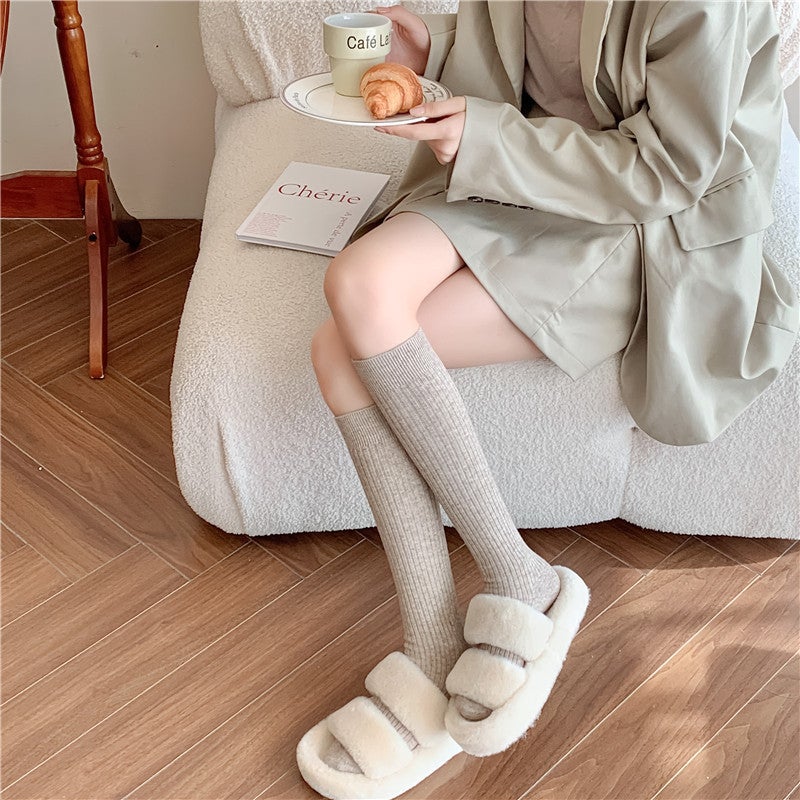 Wool Socks Women'S Vertical All-Match Cashmere Solid Color Knee-High Pile Socks Japanese Maillard Color Cauff Socks - Image 5