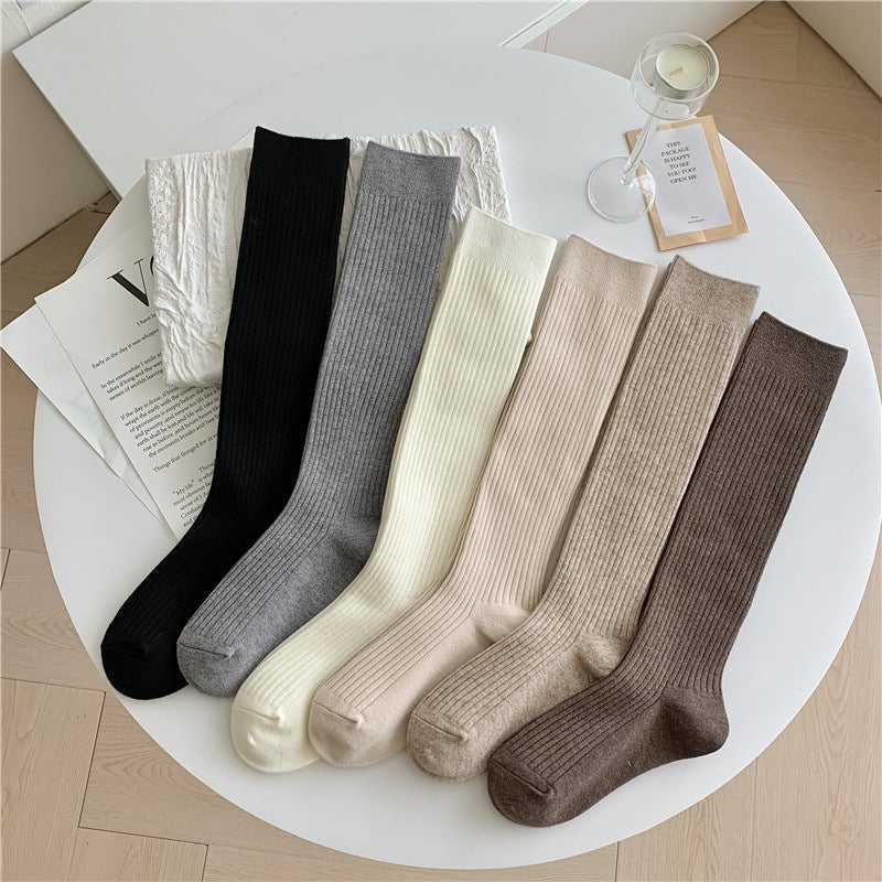 Wool Socks Women'S Vertical All-Match Cashmere Solid Color Knee-High Pile Socks Japanese Maillard Color Cauff Socks - Image 2