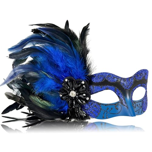MYSEUNI 2025 New Blue and Black Masquerade Mask for Women with Feathers Womens Mascarade Venetian Mask for Masquerade Party Mardi Gras Halloween Cosplay Prom Christmas - Image 1