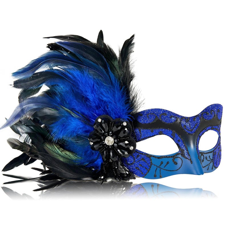 MYSEUNI 2025 New Blue and Black Masquerade Mask for Women with Feathers Womens Mascarade Venetian Mask for Masquerade Party Mardi Gras Halloween Cosplay Prom Christmas - Image 2