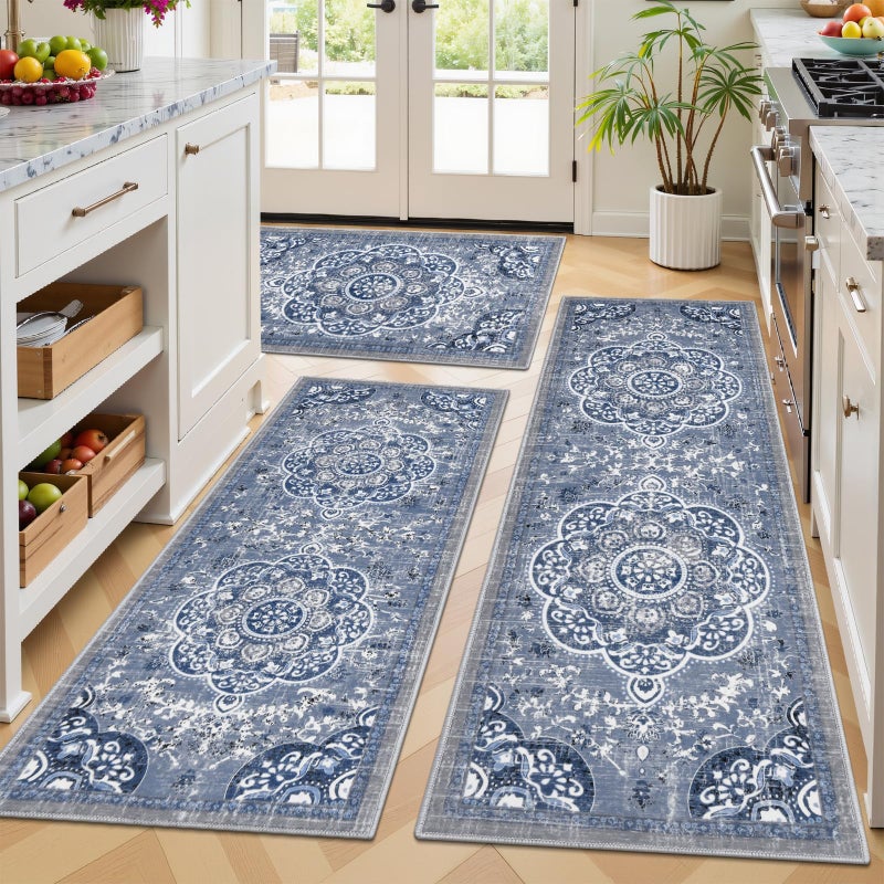 Ileading Boho Kitchen Rugs Sets 3 Piece with Runner Floral Kitchen Floor Mat Carpet Farmhouse Kitchen Rugs and Mats Non Skid Washable Runner Rug for Kitchen Floor Office Sink Laundry, Blue - Image 1