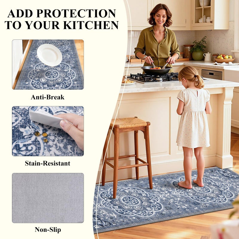 Ileading Boho Kitchen Rugs Sets 3 Piece with Runner Floral Kitchen Floor Mat Carpet Farmhouse Kitchen Rugs and Mats Non Skid Washable Runner Rug for Kitchen Floor Office Sink Laundry, Blue - Image 3