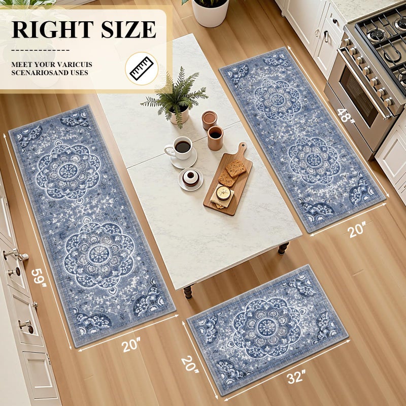 Ileading Boho Kitchen Rugs Sets 3 Piece with Runner Floral Kitchen Floor Mat Carpet Farmhouse Kitchen Rugs and Mats Non Skid Washable Runner Rug for Kitchen Floor Office Sink Laundry, Blue - Image 2