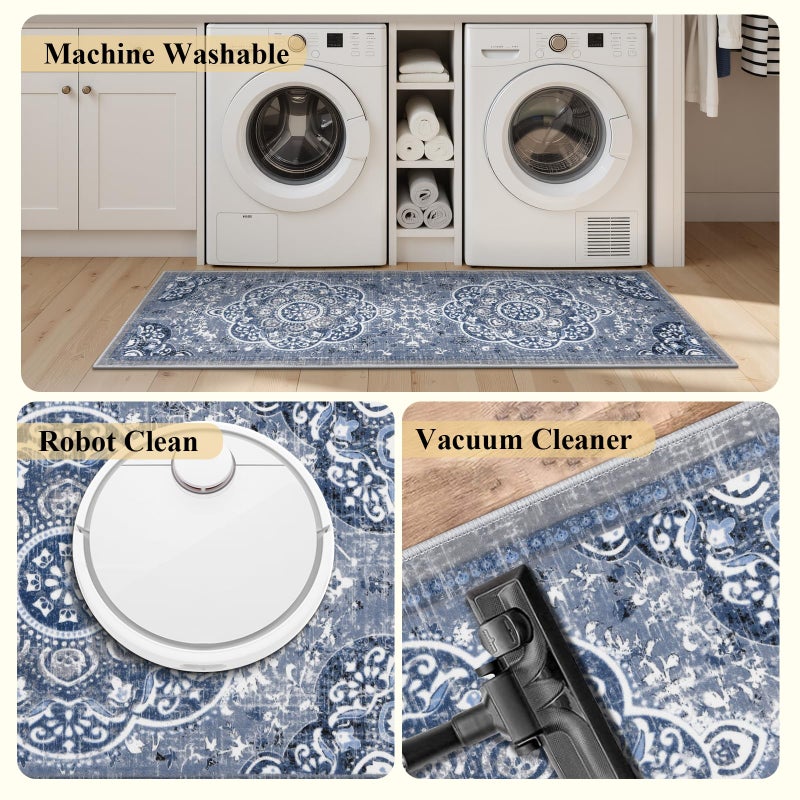 Ileading Boho Kitchen Rugs Sets 3 Piece with Runner Floral Kitchen Floor Mat Carpet Farmhouse Kitchen Rugs and Mats Non Skid Washable Runner Rug for Kitchen Floor Office Sink Laundry, Blue - Image 5