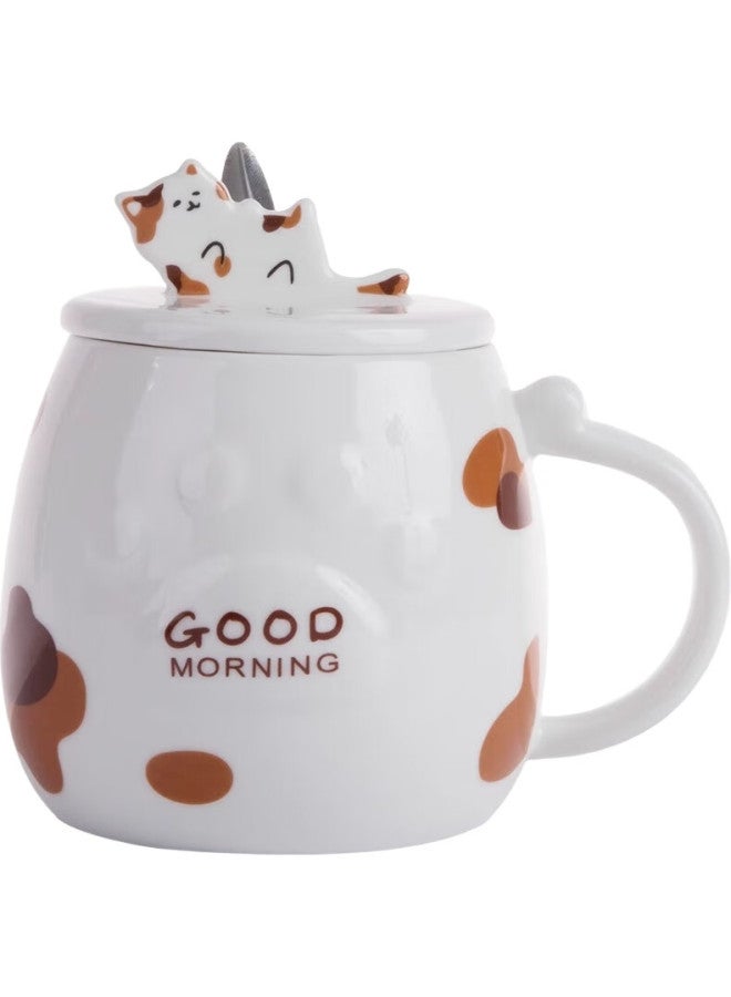 Pinyu Mug, Coffee Cup, Ceramic Cup, Aesthetically Pleasing Water Cup, Home Use With Lid And Spoon, Large Capacity Cat Brewing Cup, White - Image 3