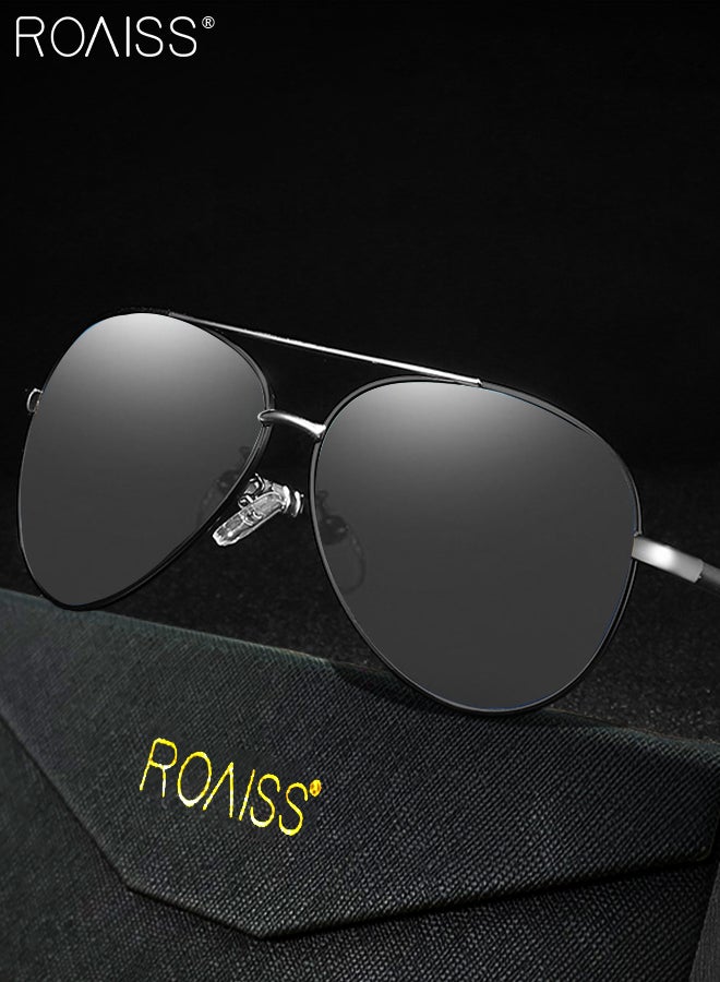 رويس نظارة أفياتور شمسية مستقطبة رجالية، نظارة الشمس الواقية من الأشعة فوق البنفسجية 400 بإطار معدني، ظلال شمس مضادة للوهج عصرية للرجال مناسبة للقيادة وصيد الأسماك والسفر، أسود فضي، 62 مم - Image 3