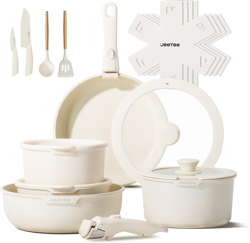 JEETEE Pots and Pans Set Non Stick 19pcs, Kitchen Cookware Sets with Detachable Handle, Induction Nonstick Cookware Set with Removable Handle, Stackable RV Cookware, Oven Safe, PFOA Free, Beige - Image 1