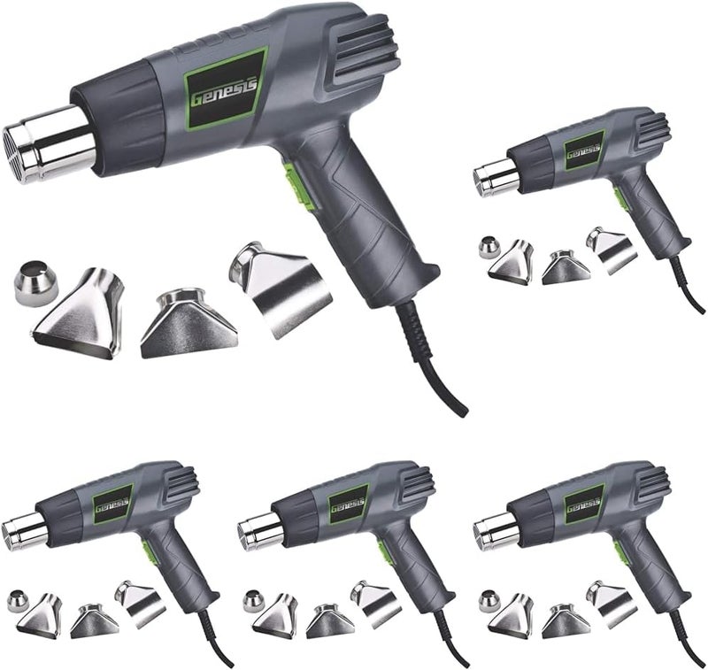 GENESIS GHG1500A Dual Temperature Heat Gun Kit With Fast Heat High And Low Settings 572F/1000F, Air Reduction Nozzle, Reflector Nozzle, And Two Deflector Nozzles with 2 Year Warranty (Pack of 5) - Image 1