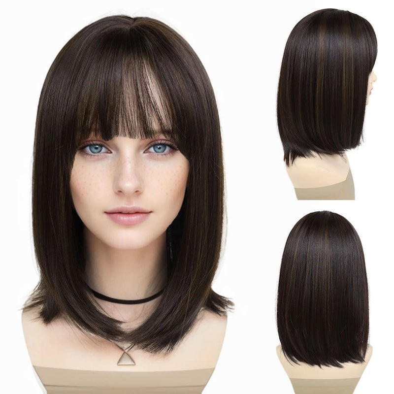 GNIMEGIL Short Brown Wigs for Women Synthetic Bob Wig with Bangs Natural Looking Daily Party Velma Wig with Highlights