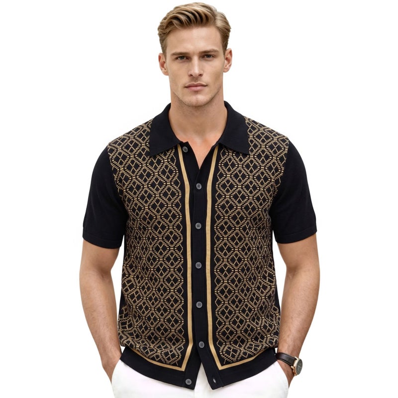 Men's Diamond Jacquard Knitted Polo Shirt, Short Sleeve, Contrast Collar - Image 3