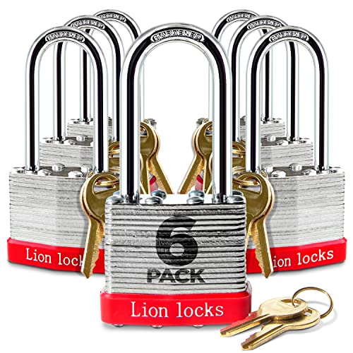 Lion Locks 6 Keyed Alike Padlocks with 2" Long Shackle, 12 Keys - Padlocks for Outdoor Use, Locks with Keys, Hardened Steel Case, Pick Resistant Brass Pin Cylinder for Hasp Latch, Locker, Gate - Image 1