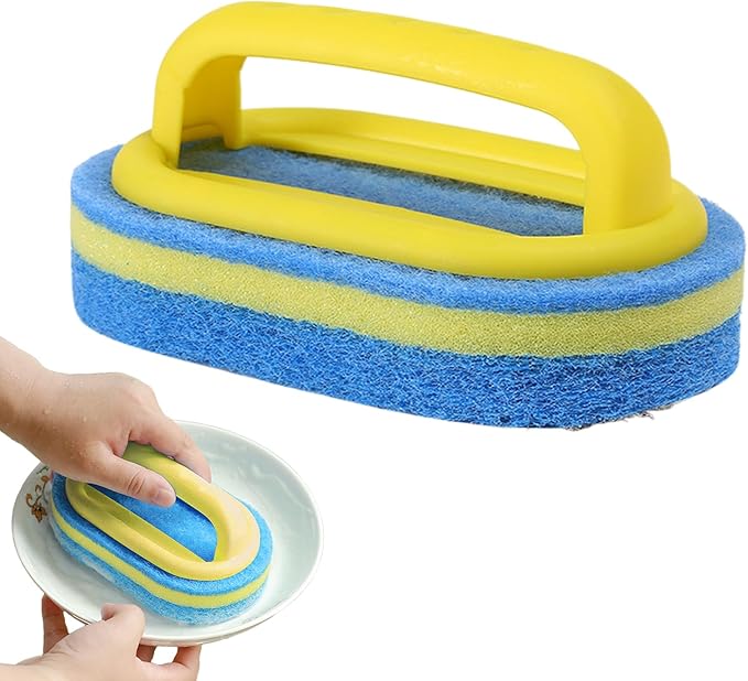 Heavy Duty Cleaning Sponge With Ergonomic Handle Yellow For Kitchen Bathroom Sink Tile - Image 1