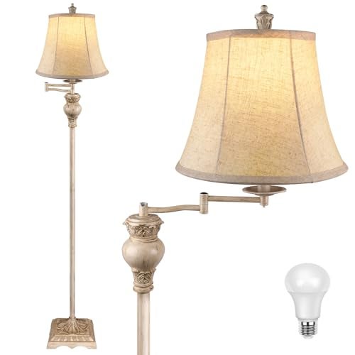 PARTPHONER Vintage Floor Lamps for Living Room,Traditional 350° Adjustable Swing Arm Farmhouse Floor Lamp for Bedroom, Rustic Standing Lamp Pole Lamps for Reading, Home Décor and Office, White - Image 1