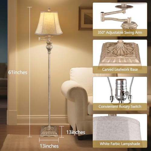 PARTPHONER Vintage Floor Lamps for Living Room,Traditional 350° Adjustable Swing Arm Farmhouse Floor Lamp for Bedroom, Rustic Standing Lamp Pole Lamps for Reading, Home Décor and Office, White - Image 2