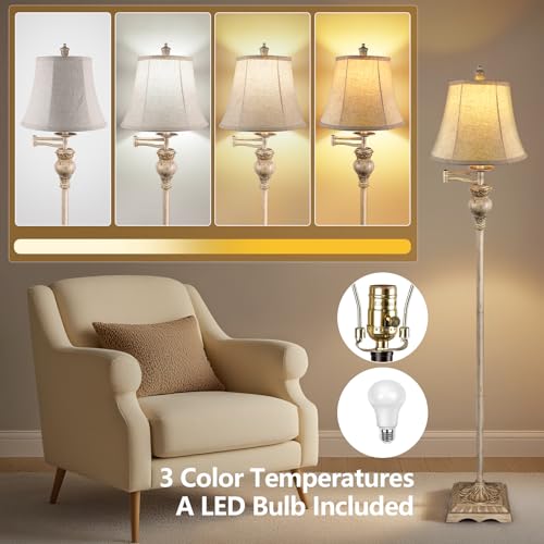 PARTPHONER Vintage Floor Lamps for Living Room,Traditional 350° Adjustable Swing Arm Farmhouse Floor Lamp for Bedroom, Rustic Standing Lamp Pole Lamps for Reading, Home Décor and Office, White - Image 4