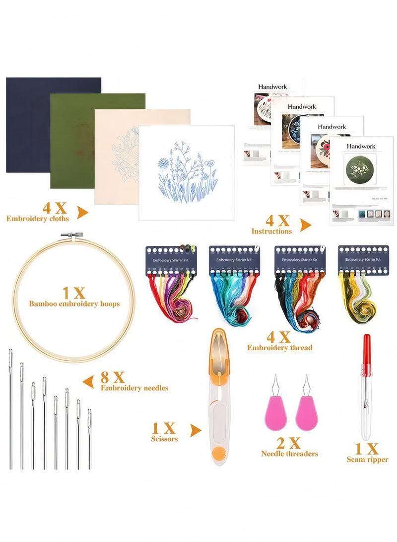 كاست ويف 4 مجموعات من أدوات التطريز للمبتدئين، مجموعات غرز متقاطعة مع نمط مختوم، مجموعة أدوات التطريز المبتدئة تتضمن 1 حلقات تطريز خشبية، مجموعة إبر ملونة للبالغين - Image 2