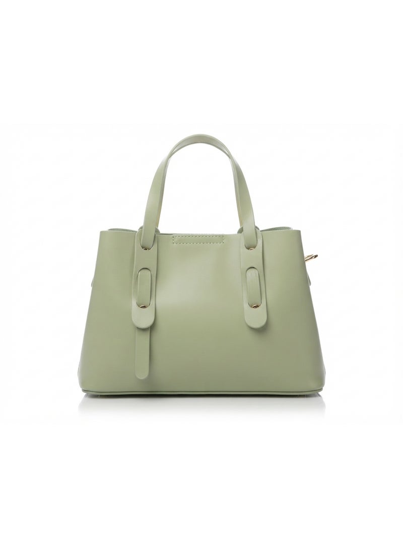 Women's Structured Faux Leather Handbag with Gold-Tone Rings - Sage Green - Image 2