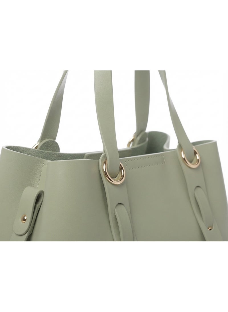 Women's Structured Faux Leather Handbag with Gold-Tone Rings - Sage Green - Image 3
