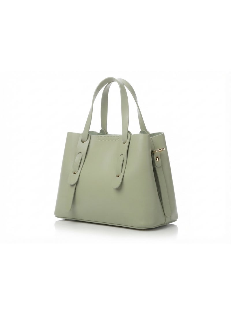 Women's Structured Faux Leather Handbag with Gold-Tone Rings - Sage Green - Image 1