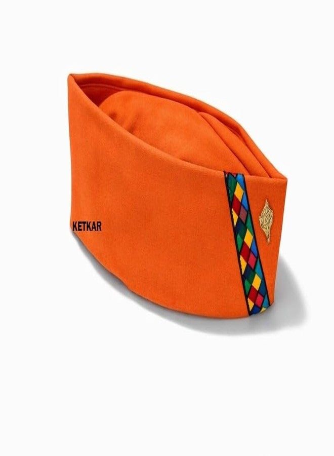 KETKAR Cotton Uttarakhand Pahadi Topi with Brahmakamal Design | Traditional Himachali Cap for Men | Soft Comfortable Ethnic Wear for Festivals (Set of 1)_Orange - Image 4