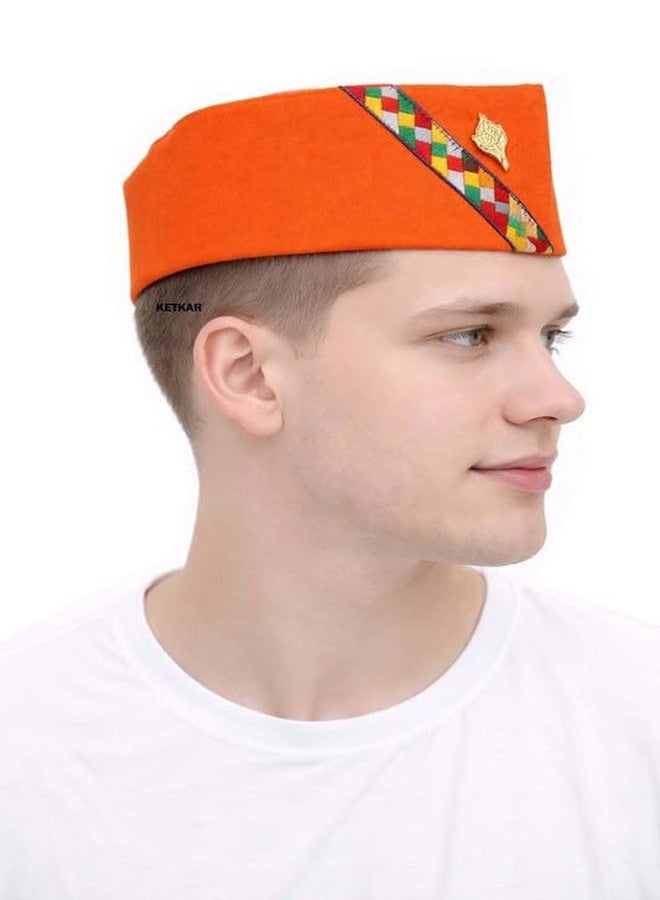 KETKAR Cotton Uttarakhand Pahadi Topi with Brahmakamal Design | Traditional Himachali Cap for Men | Soft Comfortable Ethnic Wear for Festivals (Set of 1)_Orange - Image 1