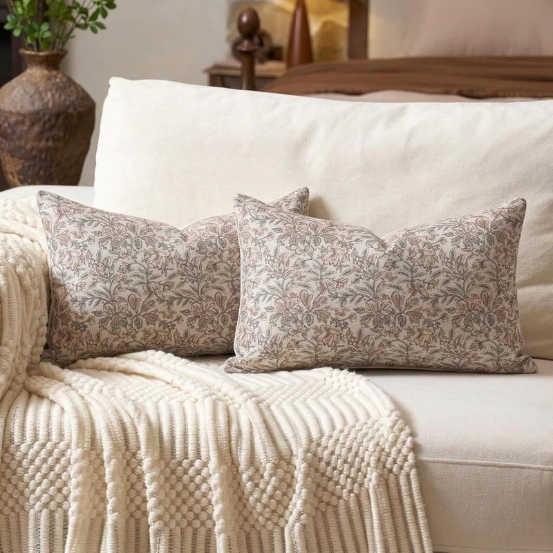 Amor Virisso Floral Throw Pillow Covers 12 x 20 Set of 2 Vintage Block Print Pillow Covers Decorative Pillow Covers Couch Pillows for Living Room Farmhouse Accent Sofa Pillows, Red/Sand - Image 1