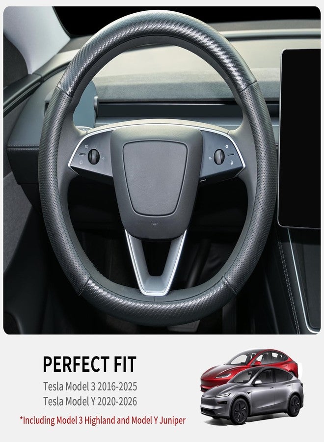 Uxcer Carbon Fiber Leather Steering Wheel Cover for Tesla Model 3/Y 2016-2025 2026 Juniper/Highland, Non-Slip Breathable Steering Wheel Protector for Tesla Model 3/Y Accessories 2026 - Image 2